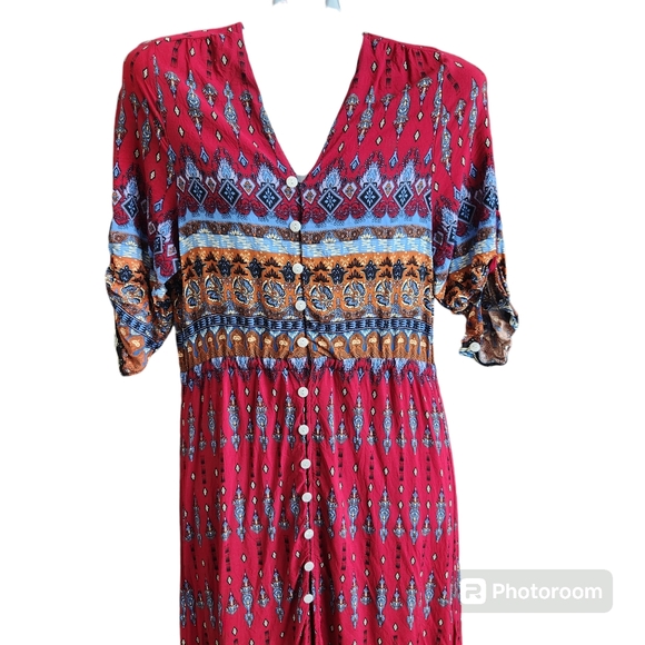 R. Vivimos Southwestern Aztec Print Button-Up Flowing Feminine Maxi Dress L - Picture 5 of 15